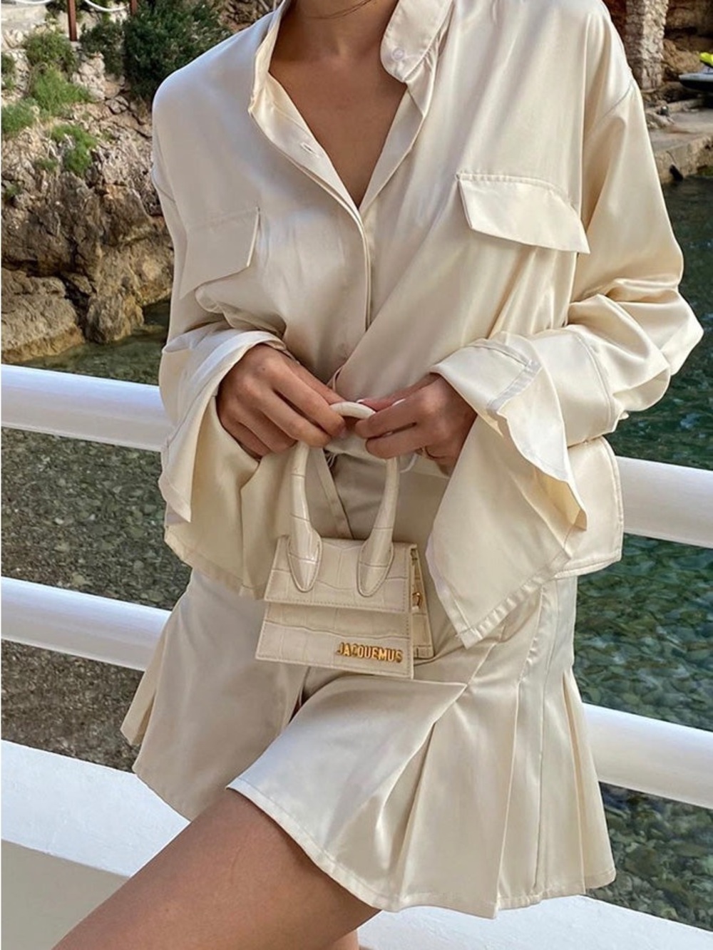 Cream Mini Dress with Pleated Skirt — Elegant Summer Dress